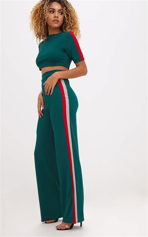 Forest Green Sport Side Stripe Wide Leg Pants Prettylittlething Aus