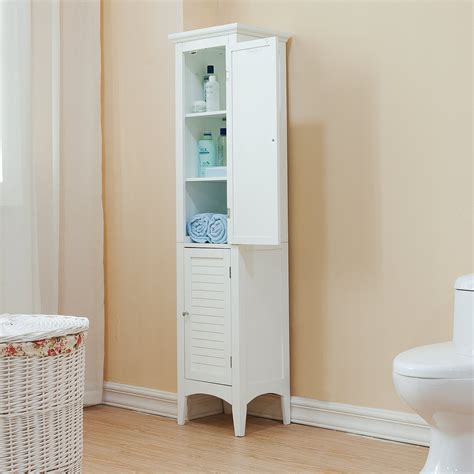 Tall White Finish Slim Linen Tower Bathroom Towel Storage Cabinet Wood