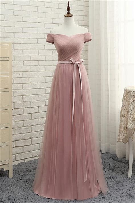 Off The Shoulder Long Dusty Rose Tulle Ruched Prom Dress With Bow Sash
