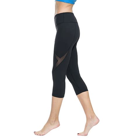 women sexy calf length pant fitness mesh t splice sports yoga running gym tights breathable soft