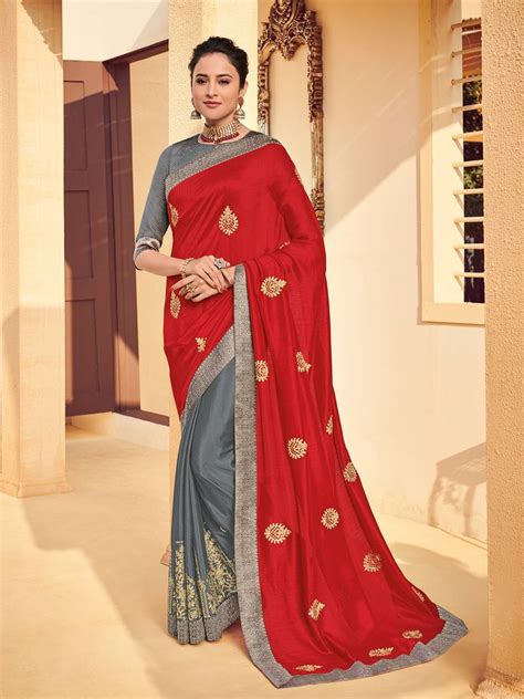 Red Poly Silk Embroidered Two Tone Designer Saree Indian Women Fashions Pvt Ltd 3109616