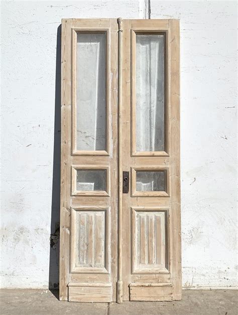 Pair Of Antique 2 Beveled Lite Washed Wood French Doors French Doors