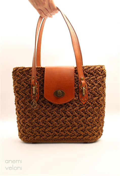Crochet Bag Brown Shoulder Bag Crochet Handbag Leather Etsy