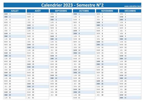 Calendrier Semestriel 2023 à Imprimer Pour Le 1er Et Le 2ème Semestre 2023