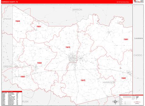 Harrison County, TX Zip Code Wall Map Red Line Style by MarketMAPS
