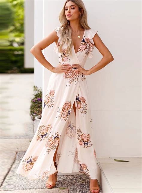 Fashion Slim Floral Printed Sleeveless V Neck Slit Women Maxi Dress