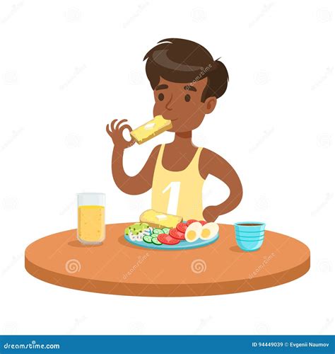 Cute Boy Having Breakfast In The Kitchen Colorful Character Vector