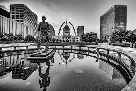 Saint Louis Skyline And Gateway Arch Reflections Over Kiener Plaza