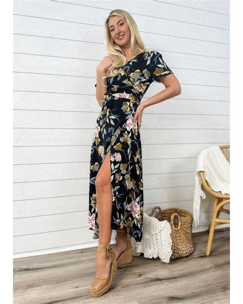 Anna Kaci Lux Wrap Floral Print Dress In Black Lyst