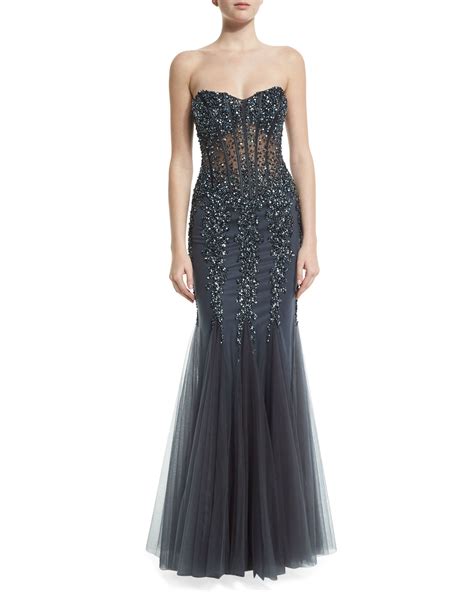 Lyst Jovani Strapless Sweetheart Beaded Mermaid Gown In Gray