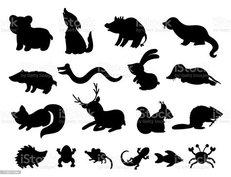 Set Of Vector Hand Drawn Flat Woodland Animals Silhouettes Funny