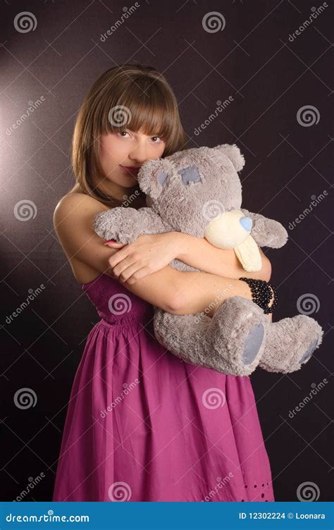 Young Woman With Teddy Bear Stock Photo Image Of Fluffy Female 12302224