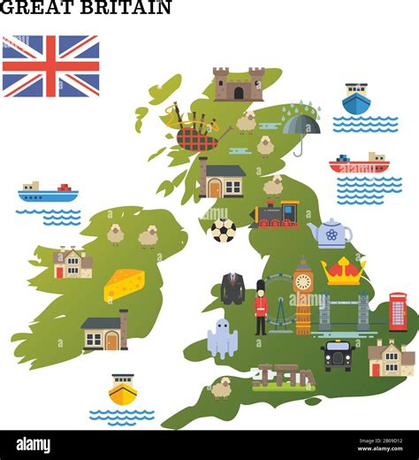 United Kingdom Travel Map With Landmark Icons Vector Illustration Map