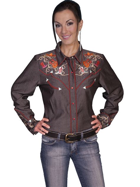 Scully Womens Charcoal Country Western Embroidered Long Sleeve Snap