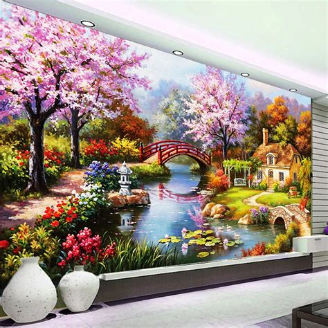 European Beautiful Countryside Blossom Flowers Scenery Oiling Painting