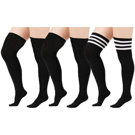Zando 3 Pairs Womens Plus Size Thigh High Socks Striped Over Knee High Socks For Women Long