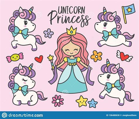 Cute Princess And Unicorns Vector Illustration Stock Vector