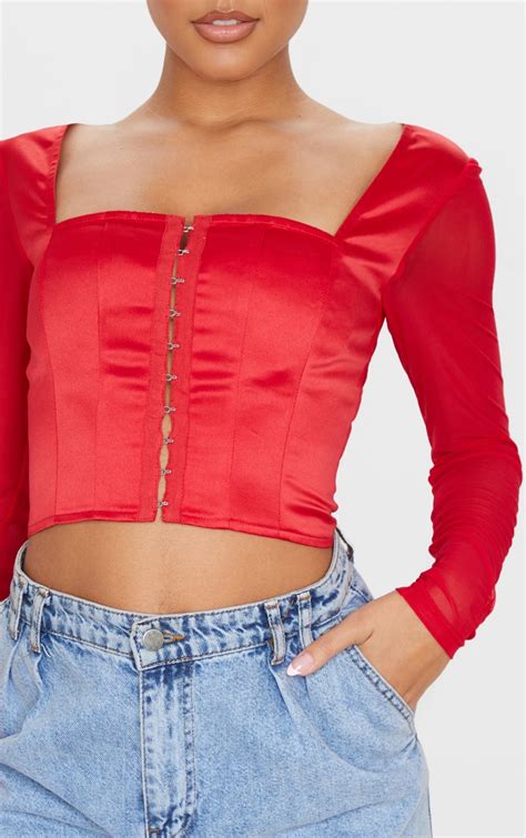 Red Satin Hook And Eye Sheer Sleeve Crop Top Prettylittlething Aus