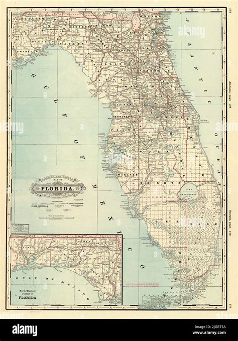 Railroad And County Map Of Florida 1885 By George Franklin Cram Stock