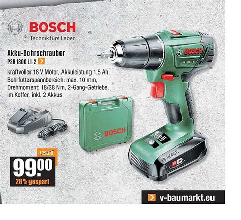 Bosch Akku Bohrschrauber Psr 1800 Li 2 Angebot Bei V Baumarkt