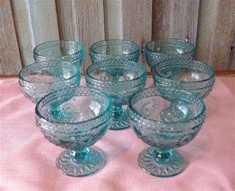 Aqua Blue Glass ~ Set Of 8 Dishes ~ Ice Cream Dishes ~ Vintage Pedestal Blue Glass Dishes