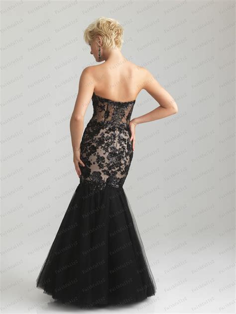 Black Mermaid Prom Dress Sweetheart Beaded Lace Applique See Through