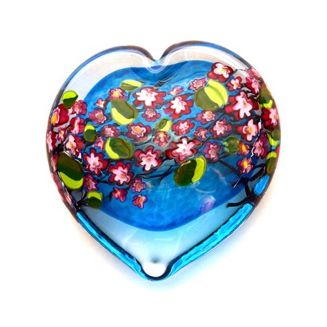 Cherry Blossom Heart On Aqua By Shawn Messenger Art Glass Paperweight Artful Home