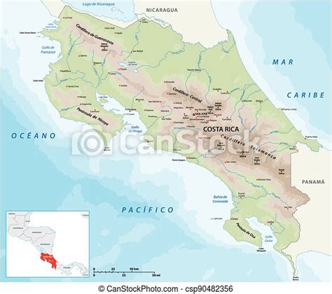 Physical Vector Map Of The Central American Republic Of Costa Rica