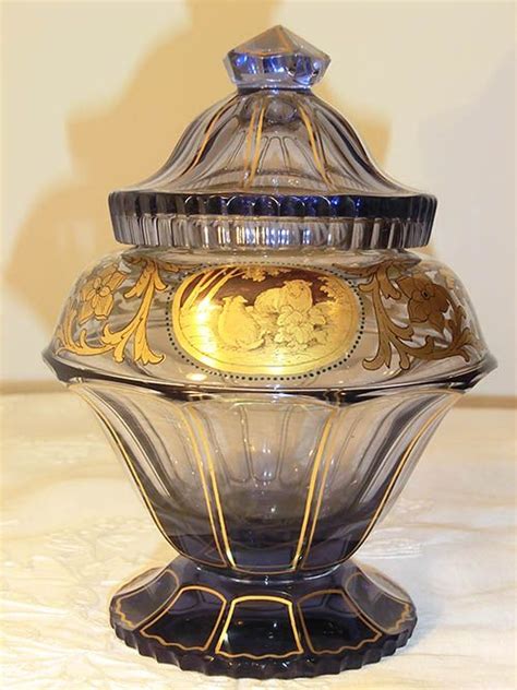 Moser Art Nouveau Alexandrite Glass Lidded Jar With Lush Gilt Etched Design And Two Circular