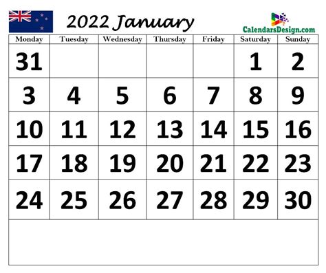 January 2022 Calendar Nz
