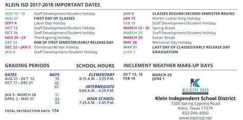 Klein Collins High School School District Instructional Calendar