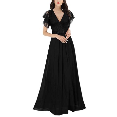Buy Sexy Womens Lace Chiffon Patchwork V Neck Dress Bow Long Maxi Dress At Affordable Prices