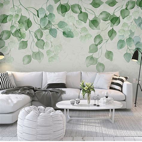 Watercolor Hand Painted Fresh Leaves Wallpaper Wall Mural Etsy Wall