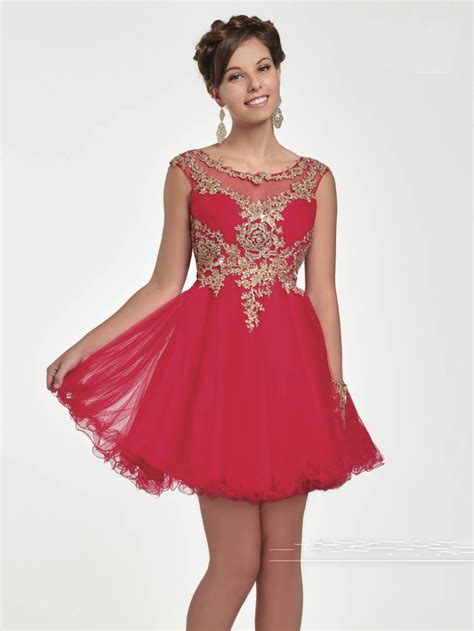 Red With Gold Lace Homecoming Dresses Short Prom Dress High School