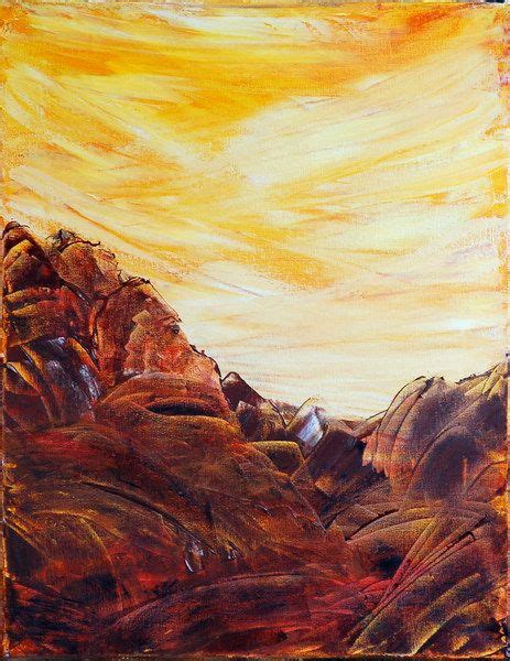 An Oil Painting Of Mountains In The Desert With Orange And Yellow Sky