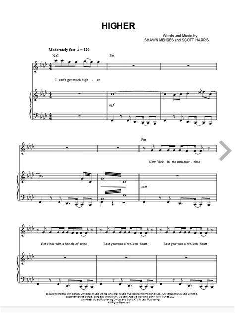 Shawn Mendes Higher Sheet Music In F Minor Transposable Download