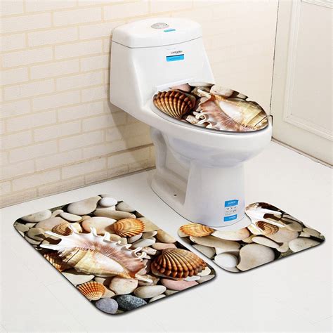 3pcs Toilet Seat Cover Sandy Beach Printed Bathroom Set Anti Slip Bath