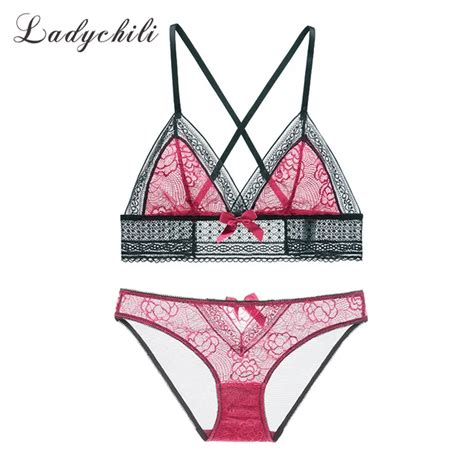 Ladychili Women Intimates Sexy French Full Lace Transparent Bra Brief Set Trangle Cup Wireless