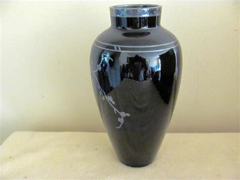 Art Deco Rockwell Silver Overlay Black Amethyst Glass Vase Parrot On Branch 1783689028