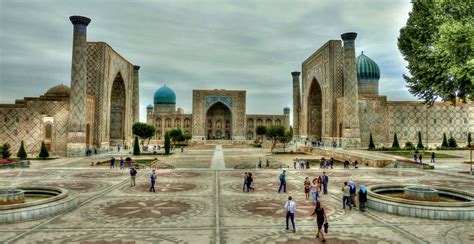 Sightseeing and photo taking place. Registan Square, Samarkand, Uzbekistan | During centuries ...