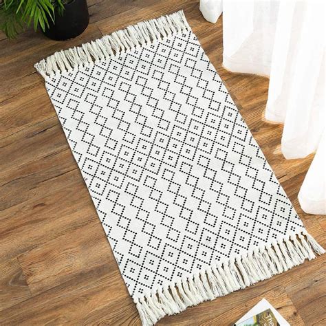 Boho Bathroom Rug With Tassel Off White Woven Rug Small Cotton Etsy