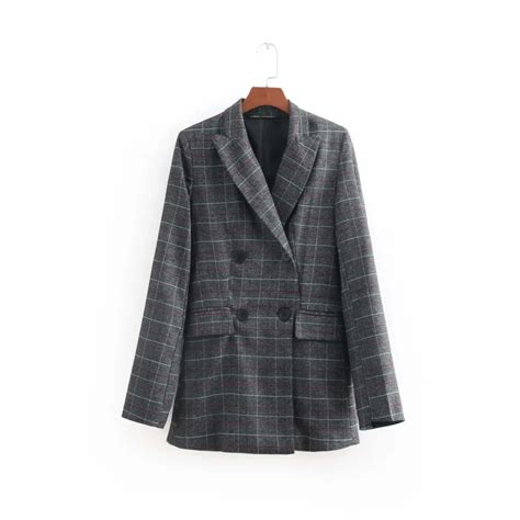 Spring Autumn Plaid Blazer Women Long Suit Jacket Double Breasted