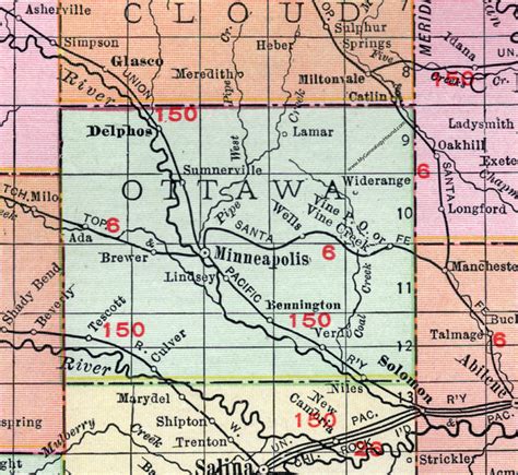 Ottawa County Kansas 1911 Map Minneapolis Delphos Tescott