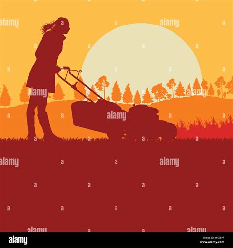 Woman With Lawn Mover Cutting Grass Vector Background Stock Vector