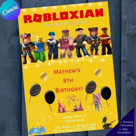 Roblox Birthday Invitation Available In 4 Colors Roblox Etsy