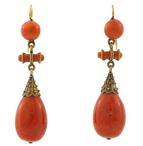 A Pair Of Antique Coral Pendant Earrings Circa 1890 Mounted In Eighteen Karat Gold