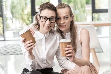 Portrait Lesbian Couple Drinking Coffee Together Stock Image Image Of