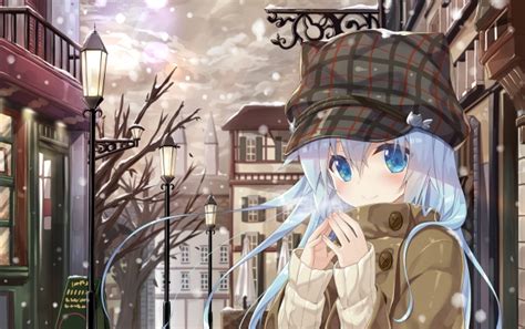 Wallpaper Anime Girl Loli Smiling Winter Snow Long Hair Blue Eyes