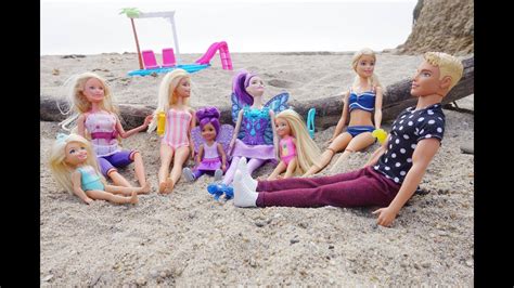 Barbie Dolls At The Beach Sand Beach Toys Mermaids Doll Plays Pool Slide Prank