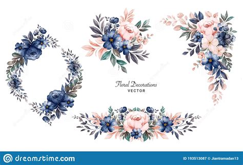 Set Of Watercolor Floral Frame Bouquets Of Navy And Peach Roses And